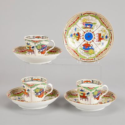 7 Pcs Worc. "Dragon in Compartment" Cups & Saucers. Worcester, England. Set of three "Dragon in 