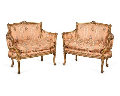 Pr Louis XVI Giltwood Upholstered Settees. Pair of Louis XVI giltwood bergere settees, 19th 