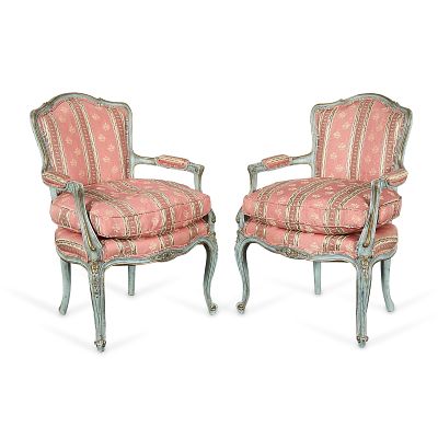 Pr Louis XV Parcel-Gilt Fauteuil Armchairs. Pair of Louis XV polychrome and parcel-gilt 