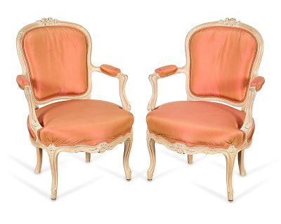 Pr French Louis XV Wooden Fauteuil Armchairs. Pair of French Louis XV wooden fauteuils or 