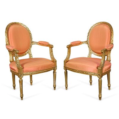 Pr Louis XVI Giltwood Fauteuil Armchairs. Pair of French Louis XVI giltwood fauteuils or 