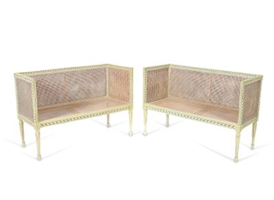 Pr Louis XVI Wood Caned Settee Canapes. Pair of French Louis XVI window seats, settees, or 