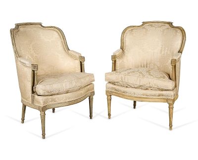 Pr French Louis XVI Beechwood Armchairs. Pair of Louis XVI beechwood bergere armchairs, late 