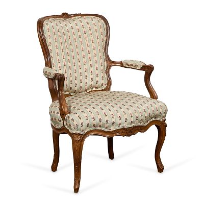 French Louis XV Upholstered Fauteuil Armchair. French Louis XV wooden fauteuil or armchair, 19th 