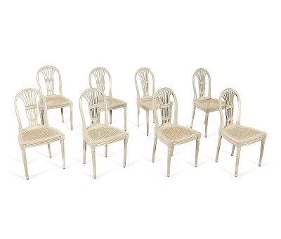 8 French Louis XVI Wooden Balloon Chairs. Set of eight French Louis XVI carved wooden painted 
