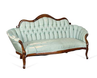 19th c. Victorian Button Tufted Serpentine Settee. French Victorian carved mahogany settee with 