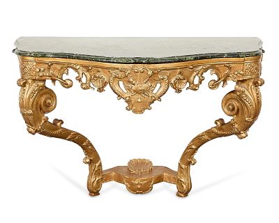 Louis XV Giltwood & Verde Marble Console Table. French early Louis XV giltwood console table 