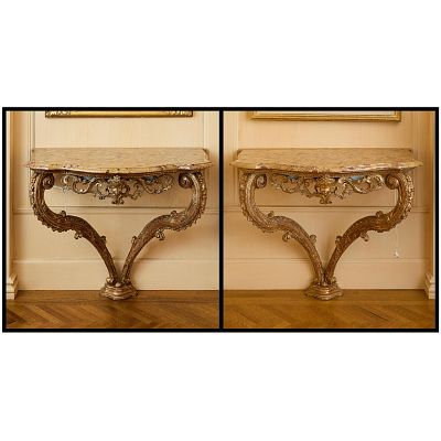 Pr George II Giltwood & Marble Console Tables. Pair of English George II carved giltwood console 