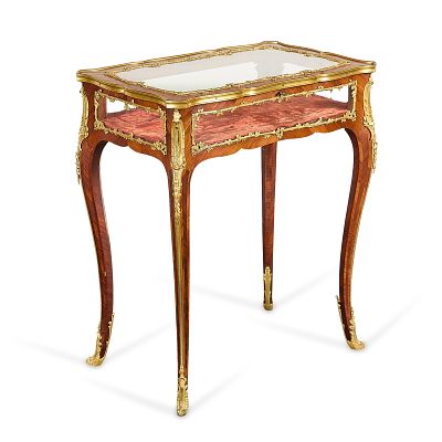 Louis XV Lady Ludlow Tulipwood Bijouterie Vitrine. French Louis XV tulipwood bijouterie or 