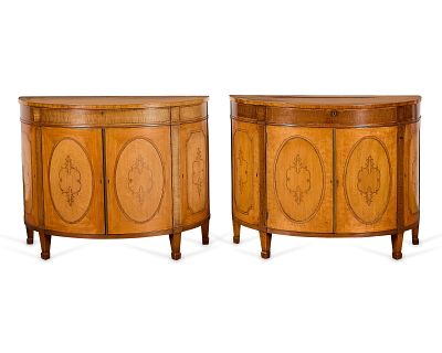 Pr George III Style Demilune Console Tables. Matched pair of George III style satinwood and 