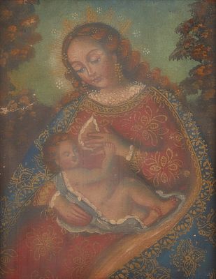 20th c. Spanish Colonial Madonna Painting. Oil on canvas Spanish colonial painting depicting the 