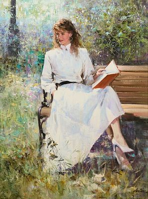 Hans Amis "Woman Reading" Impressionist Painting. Hans Amis (Chinese/American, b. 1957). Oil on 