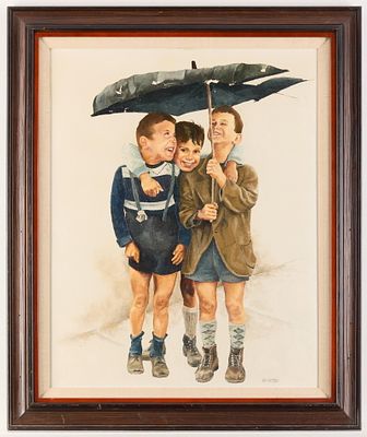 Joy Layson Three Boys Oil Painting. Joy Layson (American, 1927-2010). Oil on board painting 