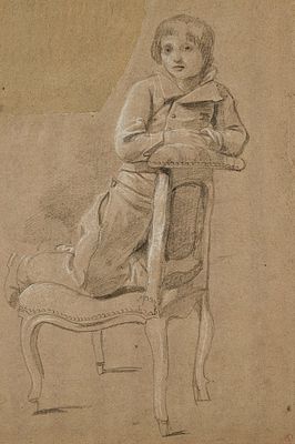 Antique Charcoal Drawing of a Boy. Charcoal drawing on paper depicting a boy kneeling on a 