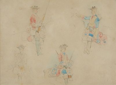 Watercolor & Pencil Sketch of British Soldiers. Antique watercolor and pencil sketches on paper 