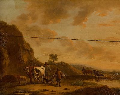 Early 18th c. Pastoral Landscape O/B Painting. Oil on board pastoral landscape painting, early 