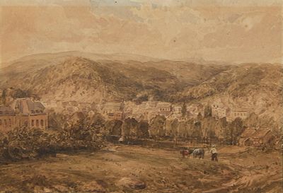 Rural English Landscape Watercolor ca. 1840. Watercolor painting on paper depicting a rural 