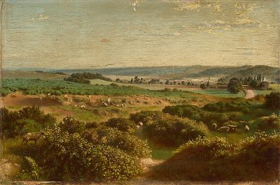 Signed "Rolling Fields" Landscape Painting. Oil on canvas landscape painting depicting a flock 