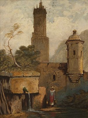 Follower Samuel Prout "Andernach Tower" Painting. Follower of Samuel Prout (British, 1783-1852). 