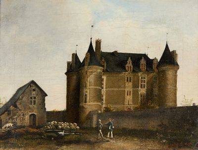 Signed Jacquelin Castle Landscape Painting. Oil on board painting depicting an architectural 