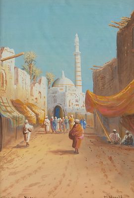 Signed "Entrance to the Mosque" Painting. Oil on canvas painting titled "Entrance to the 