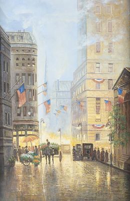 Style of G. Harvey "Wall Street" Painting. Style of Gerald Harvey Jones (American, 1933-2017). 