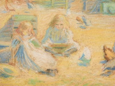 William Glackens "Children in Courtyard" Pastel. William James Glackens (American, 1870-1938). 