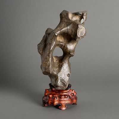 Chinese Lingbi Stone Scholar's Rock w/ Stand. Chinese Lingbi stone scholar's rock of a towering 