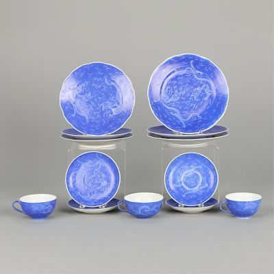 Set 13 Chinese 20th c. Sgraffito Porcelain Dishes. Set of thirteen Chinese blue-glazed sgraffito 