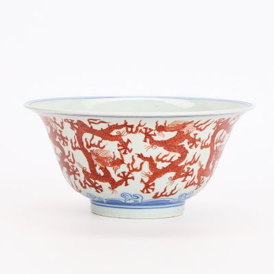 Chinese PRC Porcelain Bowl w/ Iron Red Dragons. Chinese Republic era porcelain bowl, 20th 