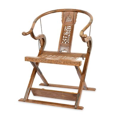 Chinese Qing Elm Horseshoe Jiaoyi Folding Chair. Chinese Qing dynasty carved elmwood jiaoyi or 