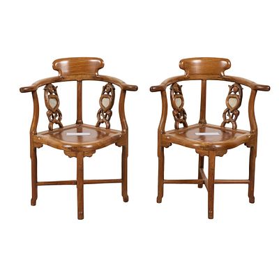 Pr Chinese Qing Huanghuali Corner Chairs w/ Marble. Pair of Chinese late Qing dynasty carved 