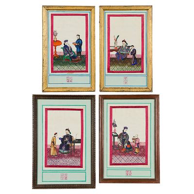 4 Chinese Export Pith Paper Paintings. Group of four Chinese export gouache watercolor on pith 