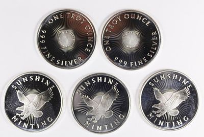 (5) 1 OZ SILVER ROUNDS. .999 PURE SILVER. ESTIMATE: $150-$200
