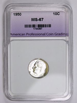 1950 ROOSEVELT SILVER DIME. APCG MS 67. BLAST WHITE. ESTIMATE: $100-$150