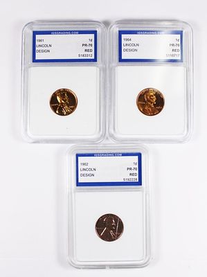 (3) PR-70 GRADED LINCOLN CENTS. 1961, 1962 AND 1964. IGS GRADED. ESTIMATE: $250-$300