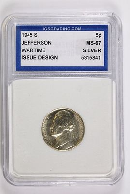 1945-S JEFFERSON WAR NICKEL. IGS GRADED MS 67. SILVER. ESTIMATE: $100-$150