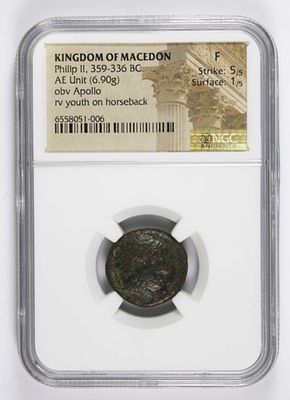 KINGDOM OF MACEDON ANCIENT COIN. PHILIP II, 359-336 BC. AE UNIT. OBVERSE APOLLO REVERSE YOUTH ON 
