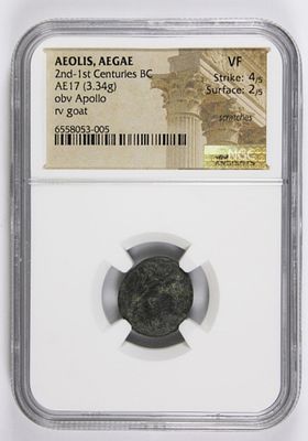 AEOLIS AEGAE ANCIENT COIN. NGC GRADED VF. 2ND 1ST CENTURIES BC. AE 17, OBVERSE APOLLO REVERSE 
