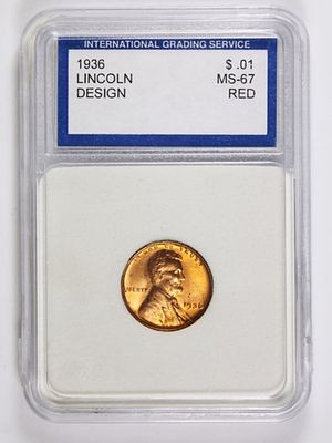 1936 LINCOLN CENT. IGS GRADED MS 67 RED. ESTIMATE: $100-$150