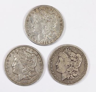(3) MORGAN SILVER DOLLARS. VG-VF. 1900-O, 1890 AND 1899-O. ESTIMATE: $150-$200
