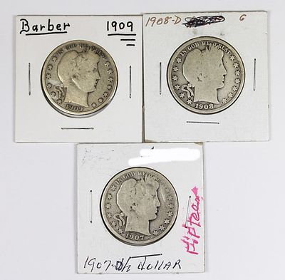 (3) BARBER HALF DOLLARS. 1908-D, 1907-D AND 1909. ESTIMATE: $50-$75
