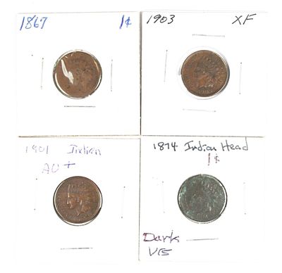 (4) INDIAN HEAD CENTS. 1867 GOOD, 1874 DARK VG, 1901 AU+ AND 1903 XF. ESTIMATE: $75-$100