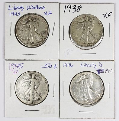 (4) WALKING LIBERTY HALF DOLLARS. XF/AU. 1938, 1943, 1946 AND 1945-D. ESTIMATE: $75-$100