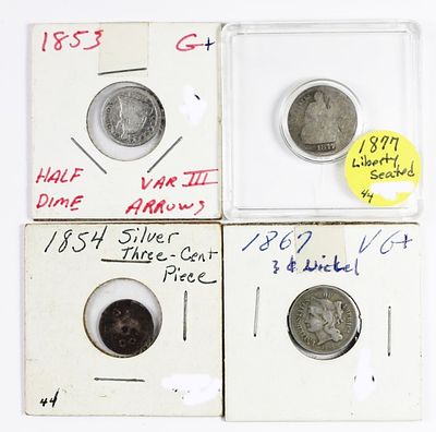 (4) COIN LOT - SEE DESCRIPTION. 1877 SEATED LIBERTY DIME, 1854 SILVER THREE CENT PIECE, 1853 