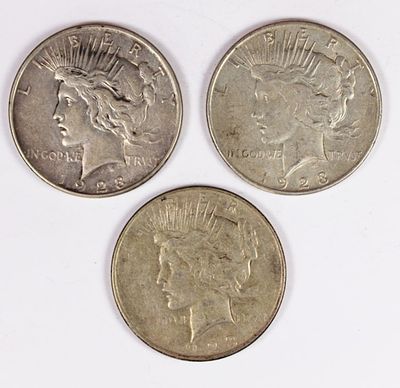 (3) 1923-D PEACE SILVER DOLLARS. VG/XF. ESTIMATE: $100-$150