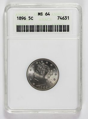 1896 LIBERTY NICKEL. ANACS MS 64 BEAUTIFUL! ESTIMATE: $600-$700