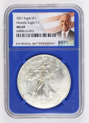 2021 AMERICAN SILVER EAGLE. NGC MS 69. HERALDIC EAGLE TYPE 1. ESTIMATE: $75-$100