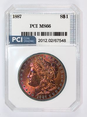 1887 MORGAN SILVER DOLLAR. PCI MS 66. DEEP TONING ON OBVERSE AND SLIGHT TONING ON REVERSE. 