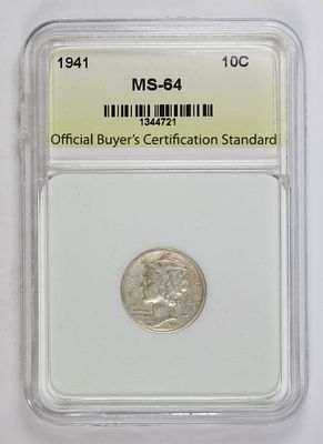1941 MERCURY SILVER DIME. OBCS MS 64. ESTIMATE: $50-$75